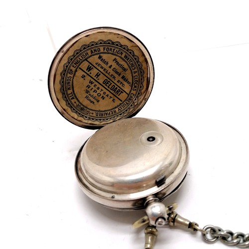 818 - Antique silver cased pocket watch (50mm case) on an antique nickel double albert chain 36cm long ~ t... 