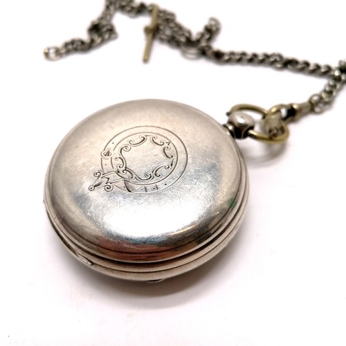 818 - Antique silver cased pocket watch (50mm case) on an antique nickel double albert chain 36cm long ~ t... 