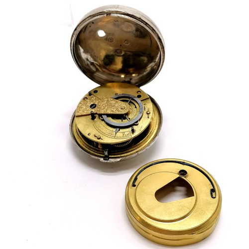 834 - Antique silver pair cased fusee pocket watch (outer case 55mm diameter) - has dents to case & some l... 