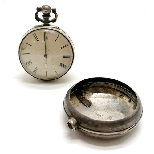 834 - Antique silver pair cased fusee pocket watch (outer case 55mm diameter) - has dents to case & some l... 