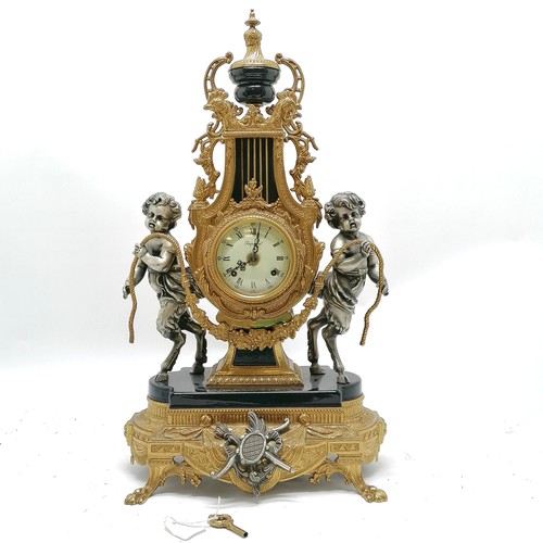 837 - Italian Rococo style clock garniture with cherub with cloven hoof detail in gilt & silvered metal wi... 