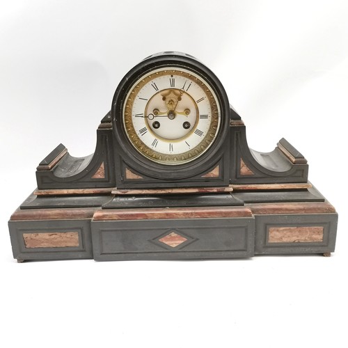 839 - Antique slate & pink marble mantle clock with bell strike movement & open escapement - has key & pen... 