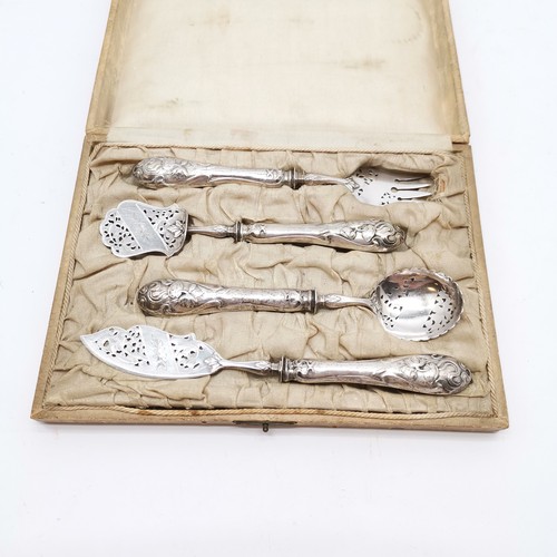 842 - Continental silver handled servers with engraved & pierced decoration with lily design handles in or... 