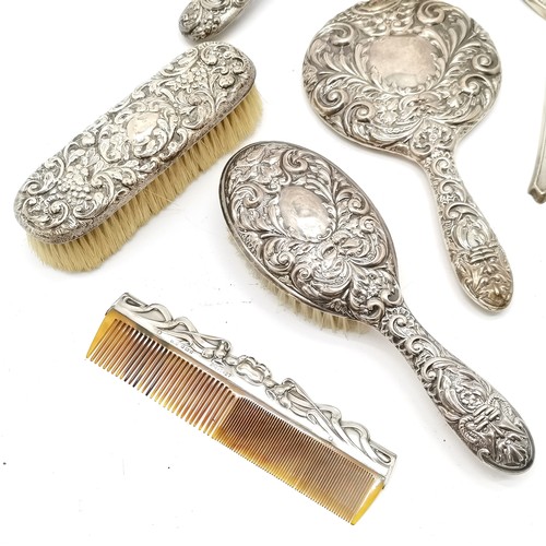 850 - Qty of silver - 3 hand mirrors, 5 brushes (1 unmarked foreign silver) & Art Nouveau comb by A & J Zi... 