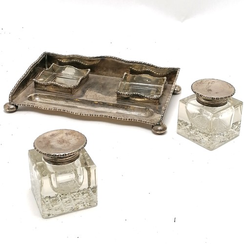 856 - 1909 Chester silver deskstand with 2 glass bodied inkwells with hobnail cut bases and cast border an... 