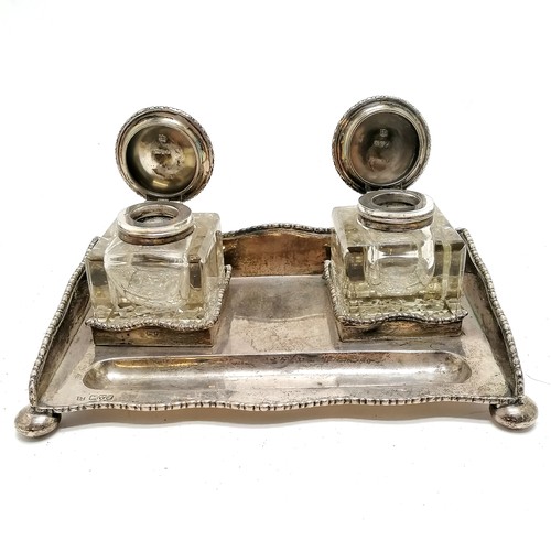 856 - 1909 Chester silver deskstand with 2 glass bodied inkwells with hobnail cut bases and cast border an... 