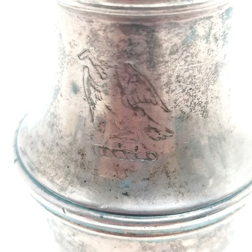 857 - 1730 silver heavy gauge caster by CH (London) and has armorial crest - 14cm high & 181g ~ has 1 dent... 