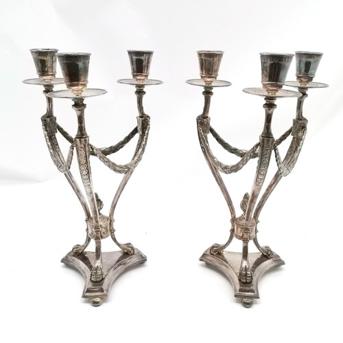 909 - Pair of unusual silver plated 3 branch candlesticks with swag detail with dedication to base dated 1... 