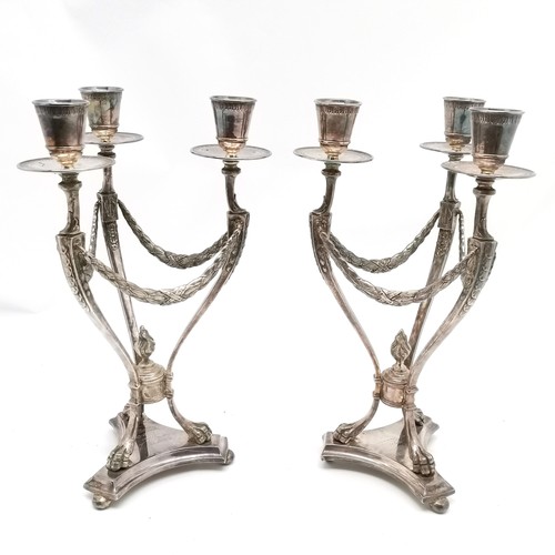 909 - Pair of unusual silver plated 3 branch candlesticks with swag detail with dedication to base dated 1... 