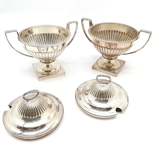 910 - Pair of silver plated trophy shaped 2 handled tureens with covers terminating on square bases 17cm h... 