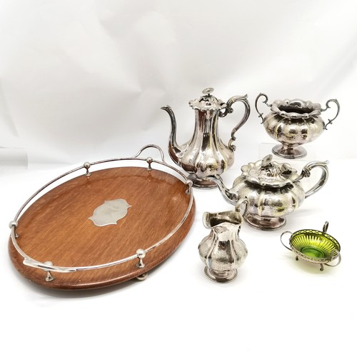 911 - Antique oak and silver plated 2 handled gallery tray 38cm x 58cm T/W an Art Nouveau 3 handled dish w... 