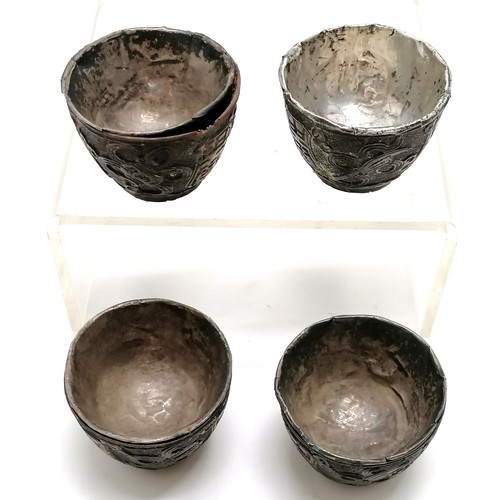 127 - 4 x antique Chinese hand carved wooden cups with silver marked liners with gold filled character det... 