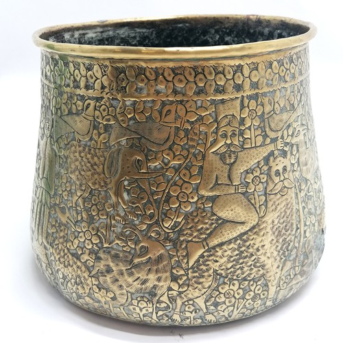 138 - Antique Indian brass planter with embossed decoration inc elephants - 20cm diameter top x 19cm high ... 