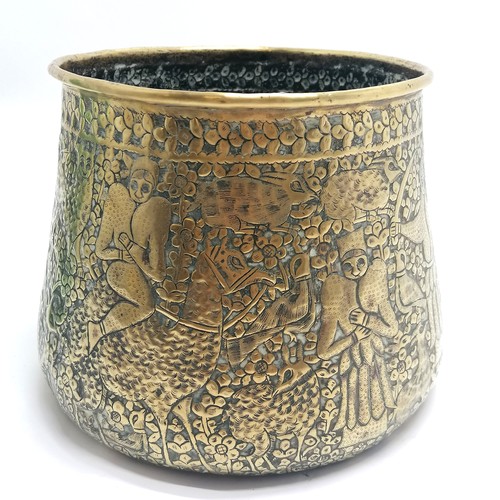 138 - Antique Indian brass planter with embossed decoration inc elephants - 20cm diameter top x 19cm high ... 