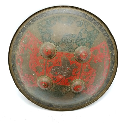 144 - 2 x old Indian brass circular shields - both with animal decoration inc wyvern - 37cm diameter and b... 