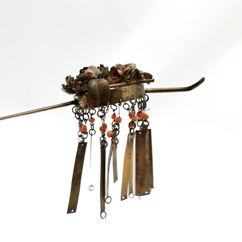 146 - Antique Japanese hair decoration set with coral 22cm long T/W  an Oriental brooch set with turquoise... 