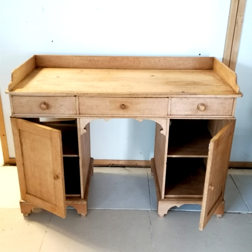 159 - Antique pine pedestal desk comprising of 2 cupboards and 3 drawers 121cm wide x 55cm deep x 87cm hig... 