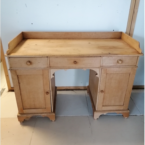 159 - Antique pine pedestal desk comprising of 2 cupboards and 3 drawers 121cm wide x 55cm deep x 87cm hig... 