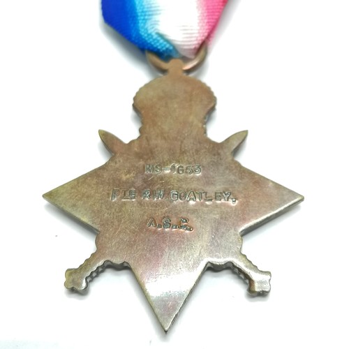 179 - WWI medal group - MS-1653 Pte R W Goatley ASC ~ 1914 star (with Mons clasp & silver rosette), Victor... 