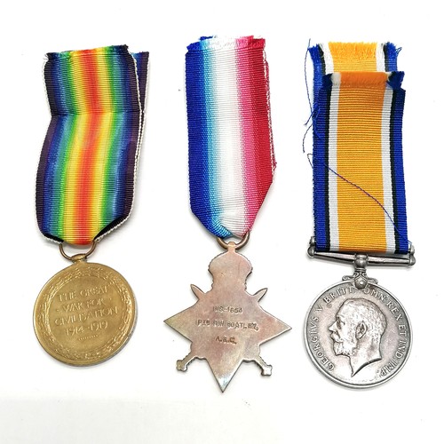 179 - WWI medal group - MS-1653 Pte R W Goatley ASC ~ 1914 star (with Mons clasp & silver rosette), Victor... 