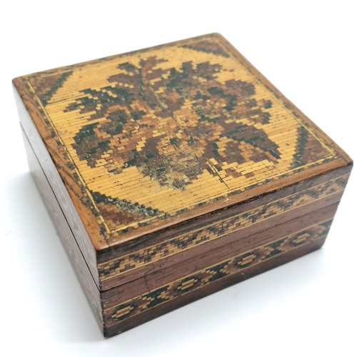 181 - Antique tunbridge ware square lidded box - 7.5cm x 4cm high ~ signs of wear and slight dent to lid