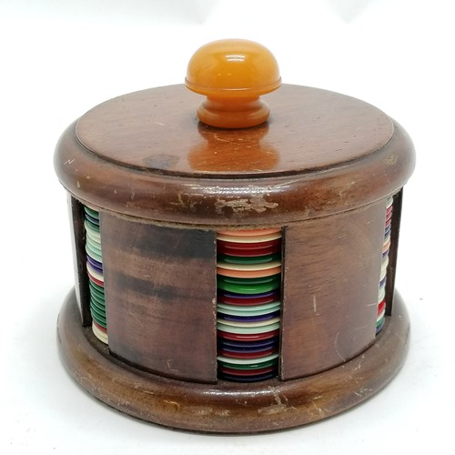 218 - Vintage wooden games counter holder with lid that unscrews - 12.5cm diameter and has some surface ma... 