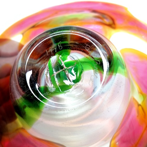 220 - 1978 Jane Bruce art glass bowl with pink, green & yellow colouration - 19cm across x 6cm high with n... 