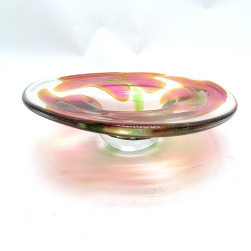 220 - 1978 Jane Bruce art glass bowl with pink, green & yellow colouration - 19cm across x 6cm high with n... 