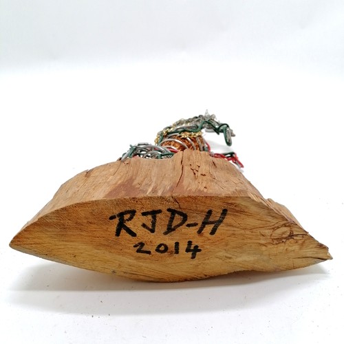 225 - 2014 mixed media sculpture of a rearing horse on a wooden base marked RJD-H ~ 29cm high