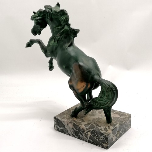 229 - Art Deco green patinated prancing horse figure on marble base - 35cm high x 37cm across ~ chips to c... 