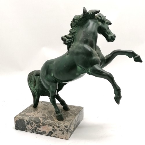 229 - Art Deco green patinated prancing horse figure on marble base - 35cm high x 37cm across ~ chips to c... 