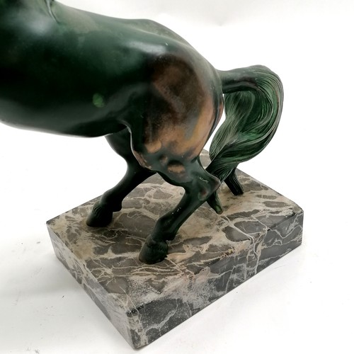 229 - Art Deco green patinated prancing horse figure on marble base - 35cm high x 37cm across ~ chips to c... 