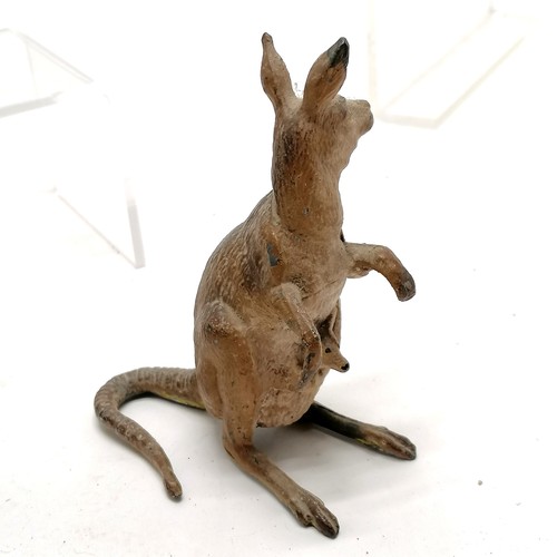 230 - Bronze lion (15cm), spelter elephant (a/f) & cold painted spelter kangaroo (with joey in pouch)