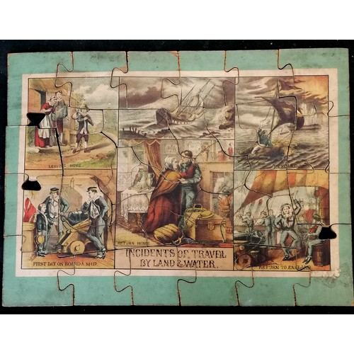 231 - Antique Incidents of travel by land and water reversible jigsaw in original wooden box (19cm x 29cm ... 