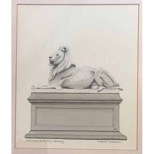 236 - Andras Kalow original drawing of marble lion at New York Public Building - frame 41cm x 36cm