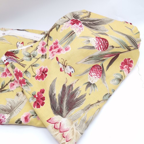 254 - 2 x yellow grounded floral & bird detail upholstery linen fabric - 200cm x 230cm & 230cm x 210cm