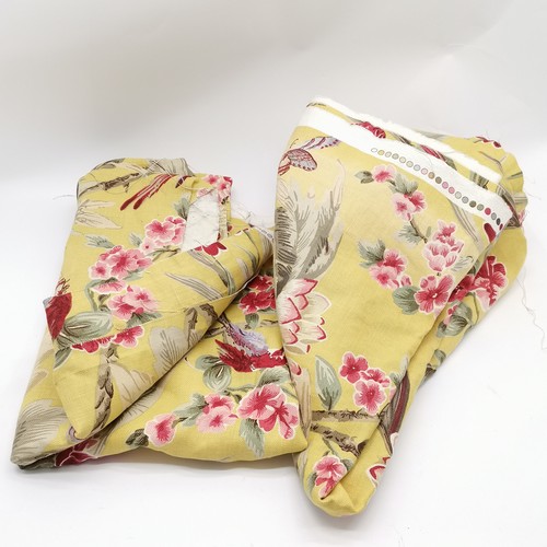 254 - 2 x yellow grounded floral & bird detail upholstery linen fabric - 200cm x 230cm & 230cm x 210cm