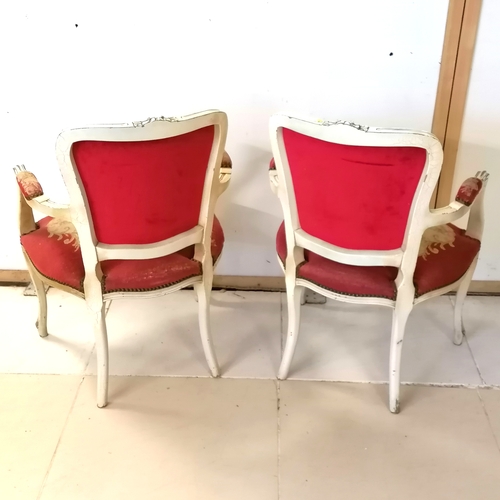 259 - Pair of vintage French open arm chairs upholstered in red grounded  tapestry - some wear to the fabr... 