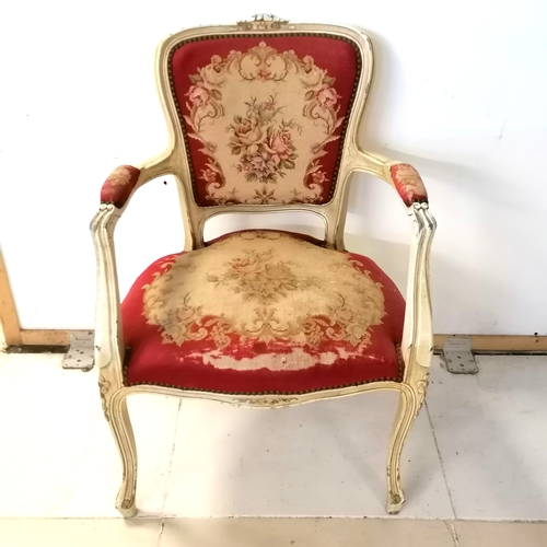 259 - Pair of vintage French open arm chairs upholstered in red grounded  tapestry - some wear to the fabr... 