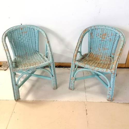 260 - Vintage child's pair of rattan chairs and bamboo table painted blue - obvious paint loss otherwise i... 