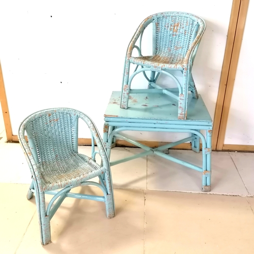 260 - Vintage child's pair of rattan chairs and bamboo table painted blue - obvious paint loss otherwise i... 