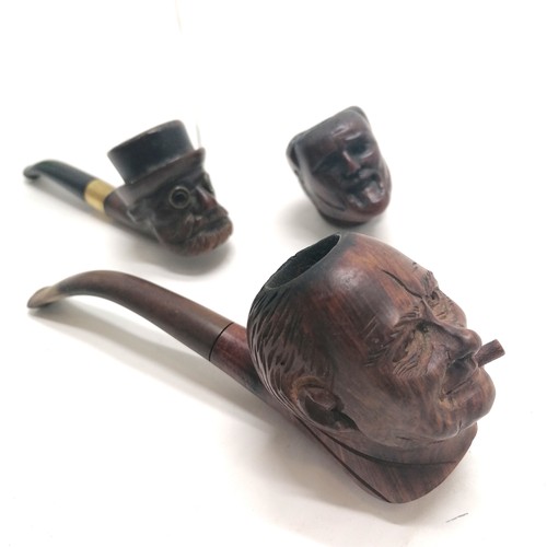 266 - 3 x carved wooden French pipes - Churchill (by Bruyere & 16cm long), steampunk with stone set eyes &... 