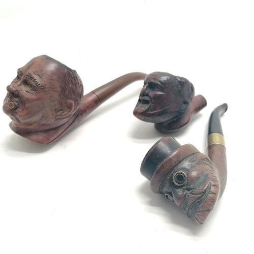 266 - 3 x carved wooden French pipes - Churchill (by Bruyere & 16cm long), steampunk with stone set eyes &... 