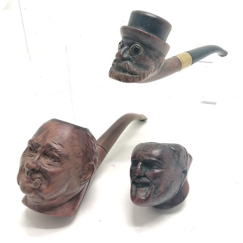 266 - 3 x carved wooden French pipes - Churchill (by Bruyere & 16cm long), steampunk with stone set eyes &... 