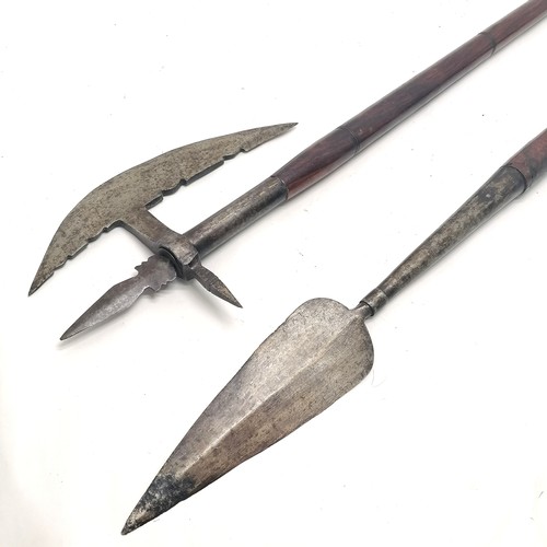 273 - Indian short spear & hand axe with mahogany shafts ~ spear (98cm) punch marked R /India