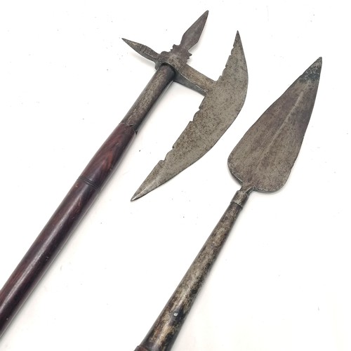 273 - Indian short spear & hand axe with mahogany shafts ~ spear (98cm) punch marked R /India