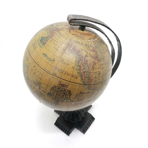 290 - Vintage globe of the world on wooden base with metal mount ~ 43cm high with some losses to map detai... 