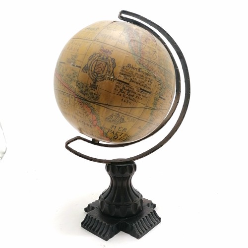 290 - Vintage globe of the world on wooden base with metal mount ~ 43cm high with some losses to map detai... 