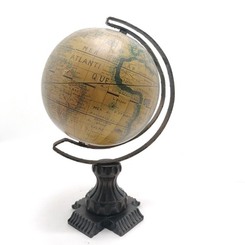 290 - Vintage globe of the world on wooden base with metal mount ~ 43cm high with some losses to map detai... 