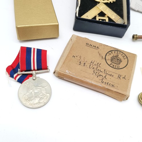 294 - WWII boxed war medal, Annesley Lodge #1435 silver gilt masonic medal & bosuns whistle & 2 photograph... 